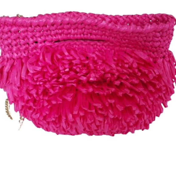 Caterina Bertini Fuschia Pink Looped Raffia Chain  Bag Purse Handbag Crossbody - Picture 7 of 12